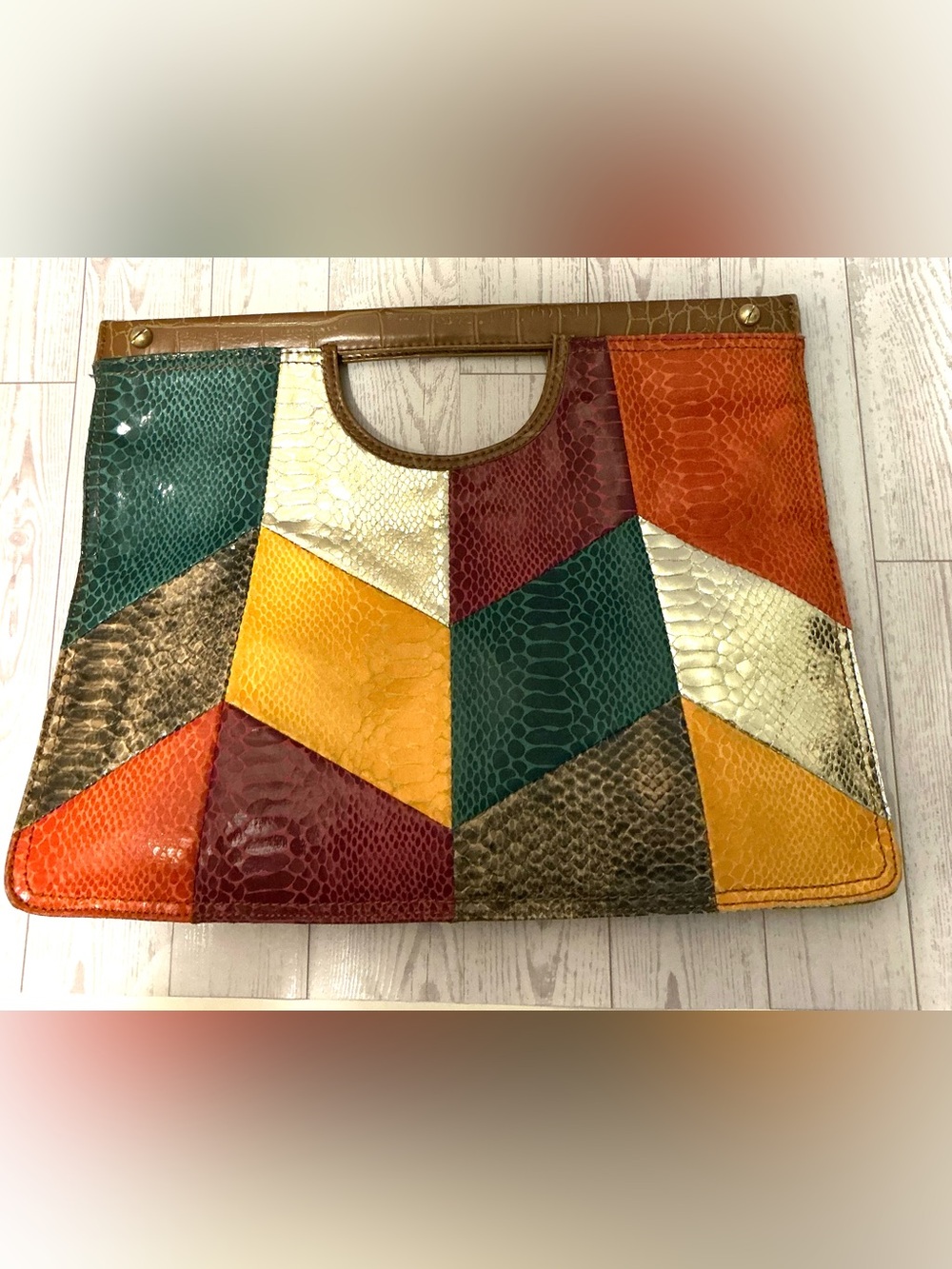 Nine West Multicolor Faux Snake Print Patchwork Clutch with Gold Accents - Picture 9 of 12
